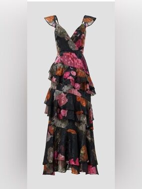 Flirty, elegant! Anthro-Hutch, Black Floral Tiered Maxi Dress with Pink accents!